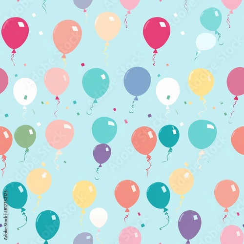 Pattern of colorful balloons and streamers in a festive and cute design  great for party decorations or wrapping paper
