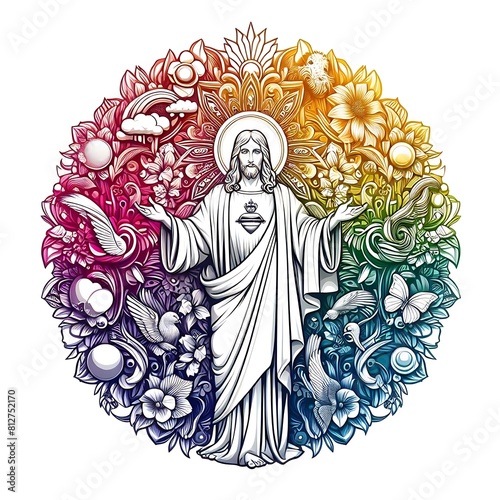 A colorful circle with a religious figure and jesus christ different objects art attractive harmony card design illustrator. photo