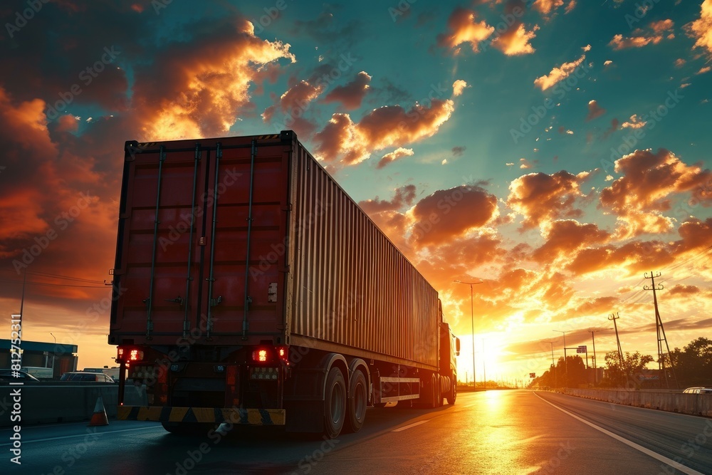 Scenic sunset highway cargo transport with semi truck driving on long ...