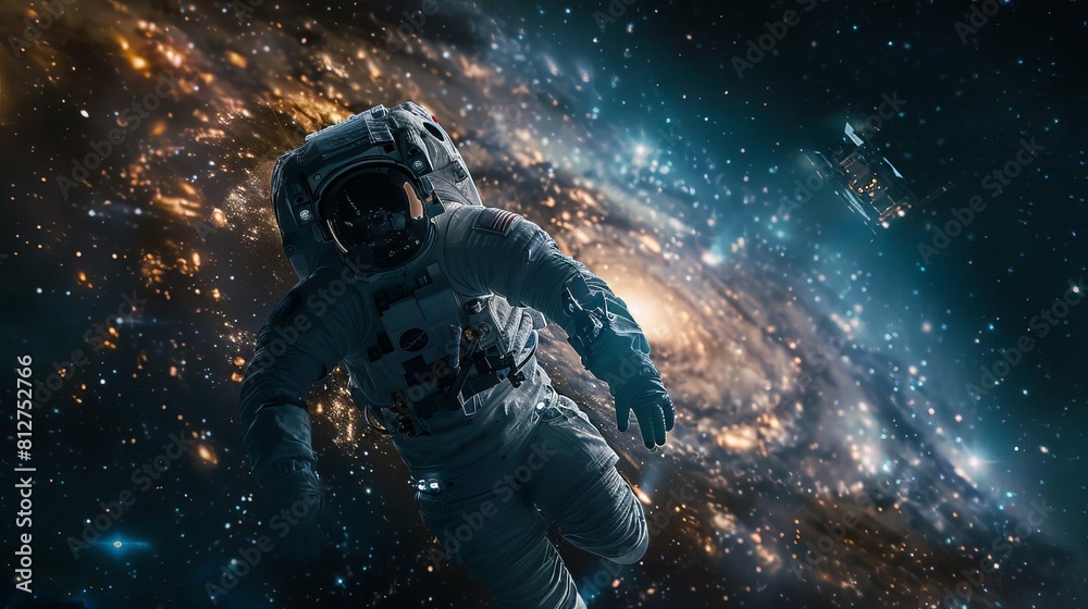custom made wallpaper toronto digitalDepict an astronaut floating in space with a small starship in the background, the Milky Way galaxy sprawling behind them