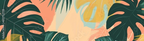 An exotic tropical modern background with a split - leaf Philodendron plant and monstera plant line art