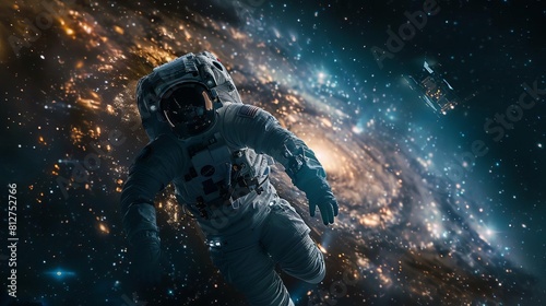 Depict an astronaut floating in space with a small starship in the background, the Milky Way galaxy sprawling behind them