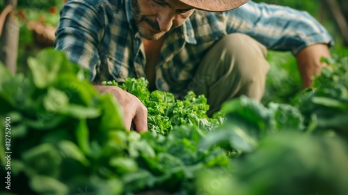 farmer inspecting organic produce on a small-scale sustainable farm, showcasing the benefits of supporting local agriculture and reducing reliance on industrial farming practices. photo