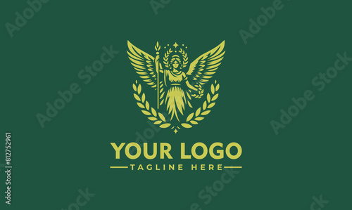 Goddess vector logo design shows the figure of the winged goddess Victoria with a wreath of the winner in her raised hand