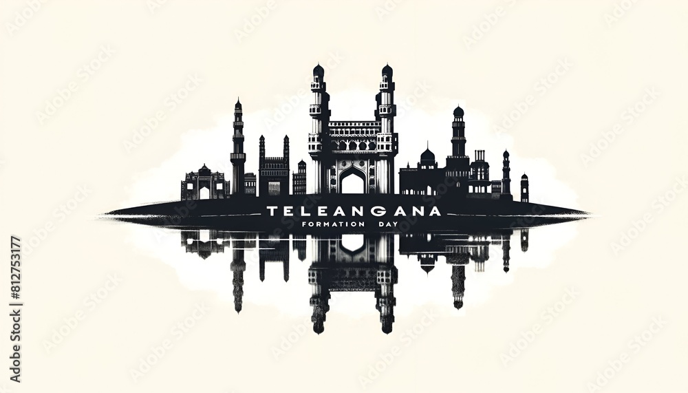 Naklejka premium Illustration celebrating telangana formation day with silhouettes of iconic landmarks of telangana.
