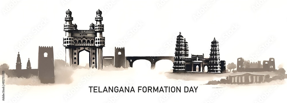 Illustration for telangana formation day with famous landmarks.