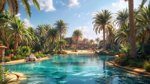 Depict an oasis in the heart of a desert  with lush palm trees surrounding a clear water pool  camels resting in the shade