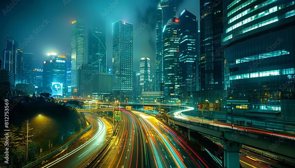 Naklejka premium Depict an urban cityscape at night, with illuminated skyscrapers towering over a network of bustling streets and highways