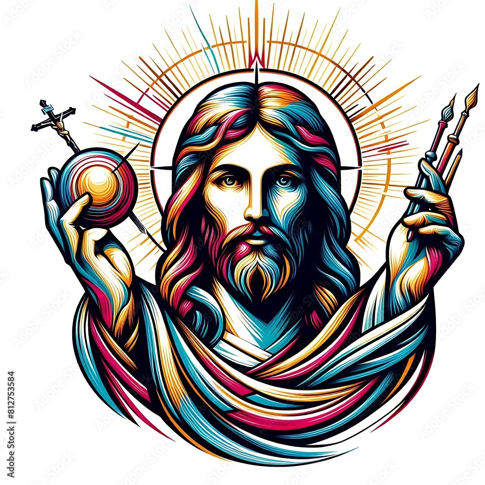 A colorful drawing of a jesus christ holding a sphere and a ball image harmony used for printing card design illustrator.