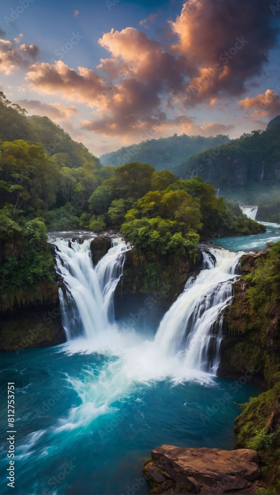 Majestic fantasy scenery unfolds with panoramic views of mesmerizing waterfalls.