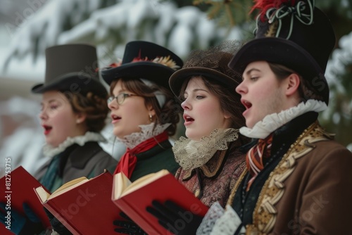 Quartet of performers in victorian attire singing carols, with a snowy backdrop