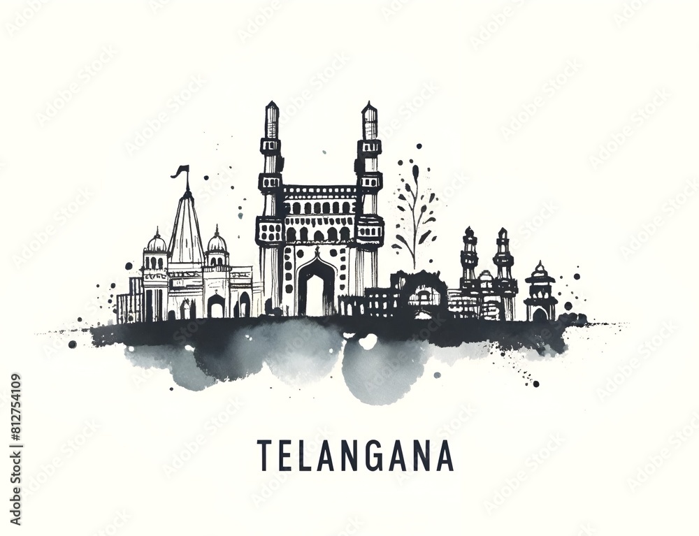Illustration celebrating telangana formation day with silhouettes of iconic landmarks