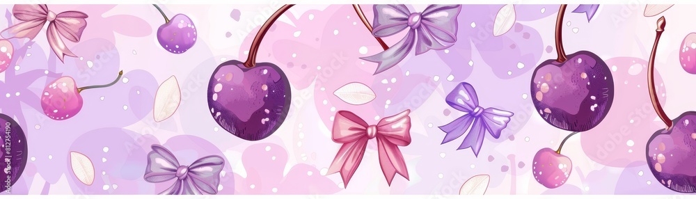 An elegant pattern with cherries with bows in lilac-pink colors. An elegant pattern with cherries with bows in lilac-pink colors.