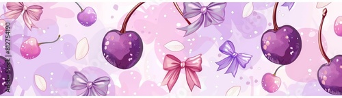 An elegant pattern with cherries with bows in lilac-pink colors. 