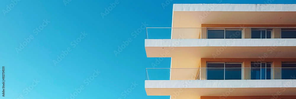 white balconies on an apartment building against a clear blue sky, white balconies on an apartment building against a clear blue sky,