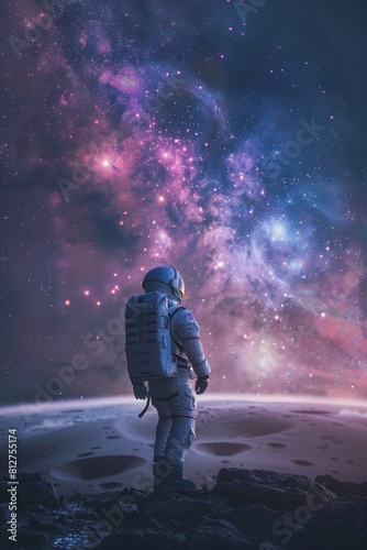 An astronaut stands on a rocky surface