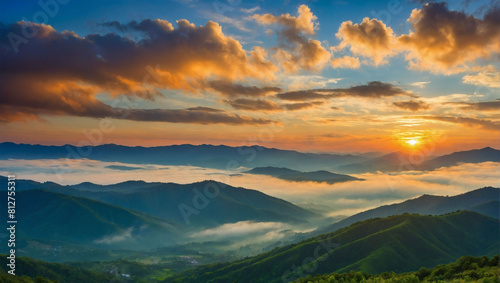 Majestic Sunrise  Green Mountains Bathed in Morning Light  Adorned with Fluffy Clouds Against a Vivid Blue Sky.