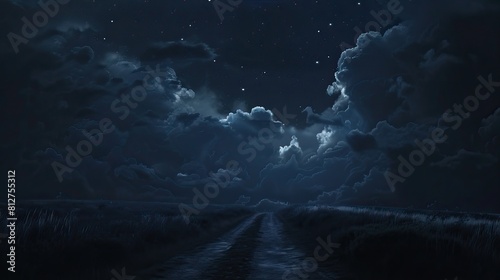 Beautiful mesmerizing night sky landscape with clouds and stars. Breathtaking grassland panorama view