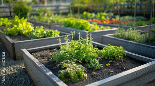 Asustainable urban garden with raised beds of organic vegetables and herbs, showcasing the benefits of growing food locally and reducing carbon emissions from transportation. photo