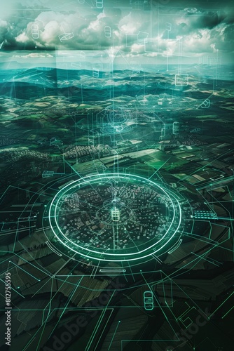 Terrain with a digital radar interface, illustrating the concept of communication technology photo