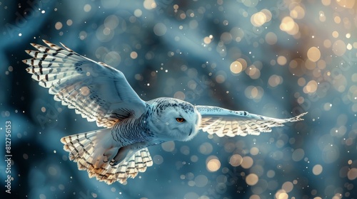 Dynamic capture of a snowy owl swooping low with snowflakes around.