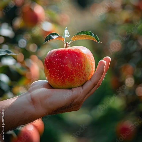 A close-up of a person's hand holding a freshly picked apple, with a blurred background of an orchard.