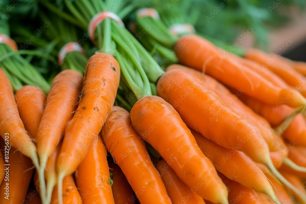 Closeup of a bunch of vibrant, fresh organic carrots with green tops on a natural background Closeup of a bunch of vibrant, fresh organic carrots with green tops on a natural background