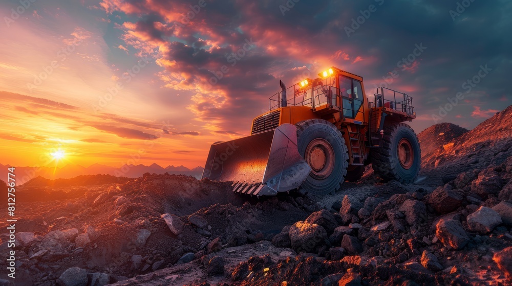 Front loader moving earth under vibrant sunset. Front loader moving earth under vibrant sunset.