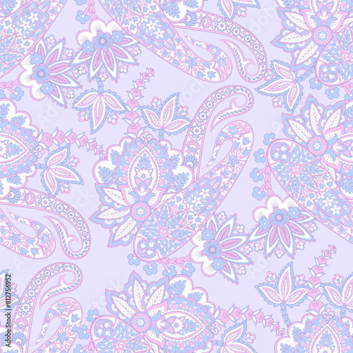 Floral seamless pattern with paisley ornament. Vector illustration in asian textile style 