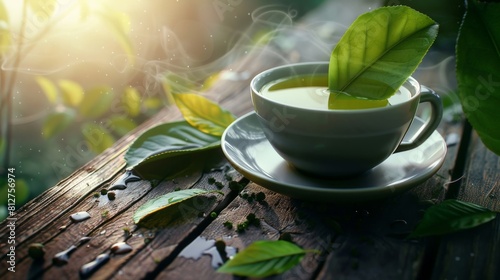 A cup of green tea on a wooden table with a beautiful blurry background.