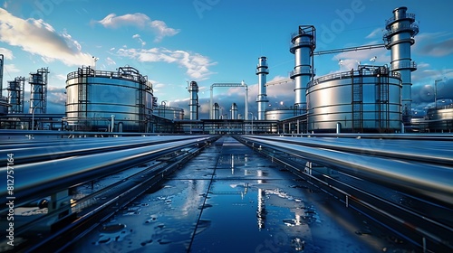 Industrial steel tanks connected by pipelines under blue sky.