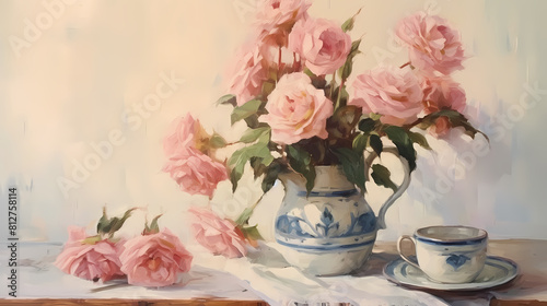 Garden roses vintage oil art print background poster decorative painting 