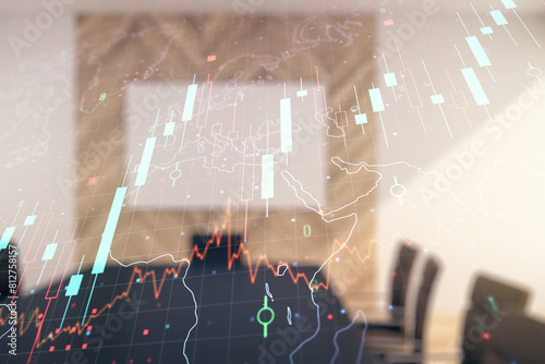Multi exposure of virtual abstract financial chart hologram and world map on a modern meeting room background, research and analytics concept