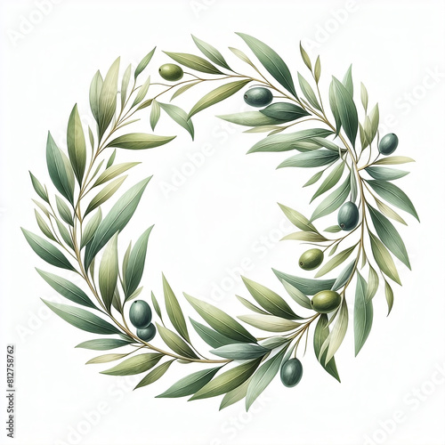 Isolated watercolor illustration of a frame with olive branches. Floral frame on wite background. Invitation card. Greeting card.  photo