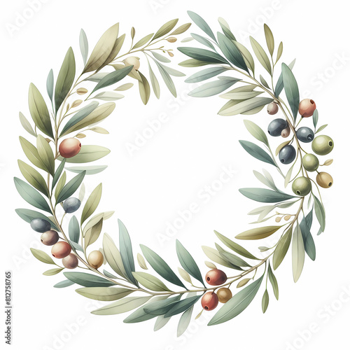 Isolated watercolor illustration of a frame with olive branches. Floral frame on wite background. Invitation card. Greeting card.  photo