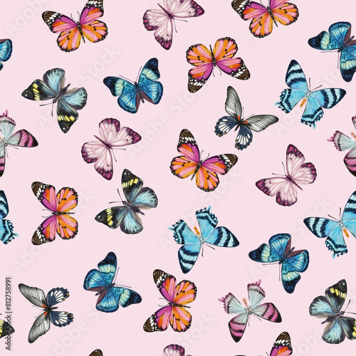 Cute butterflies hand drawn watercolor seamless pattern. Animalistic design raster texture. Beautiful  creatures wallpaper design © Мария
