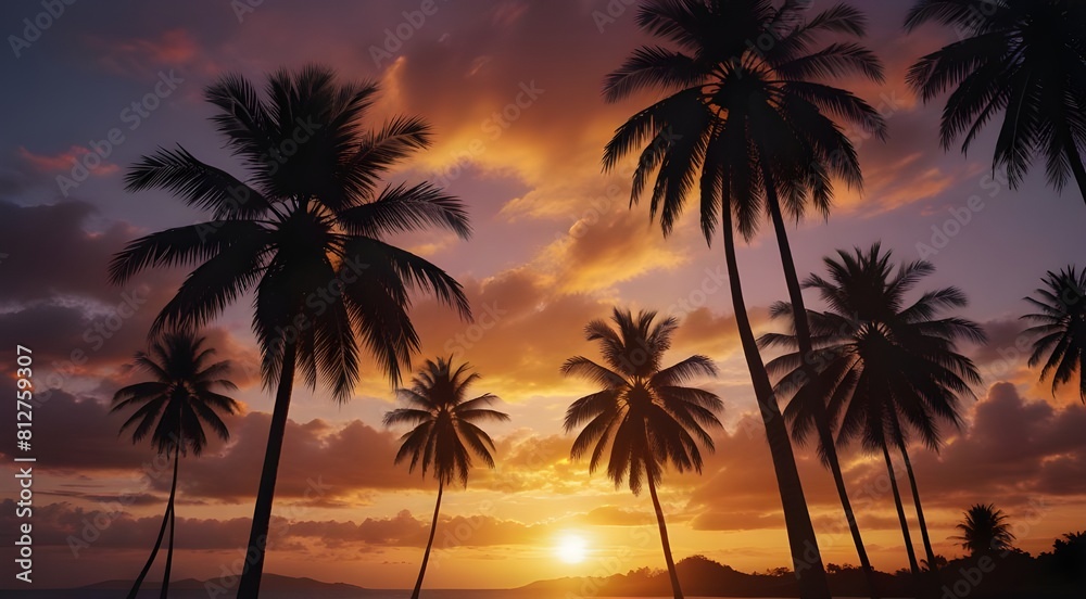 Exotic tropical palm trees at sunset.