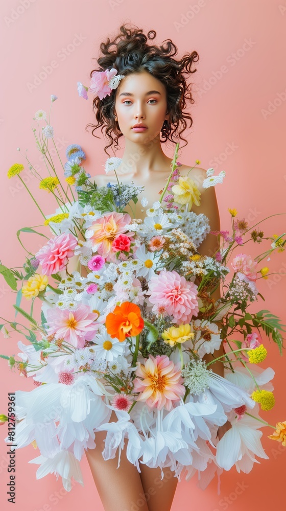 Model displays real flower dress against pastel backdrop for a youthful look. Model displays real flower dress against pastel backdrop for a youthful look.