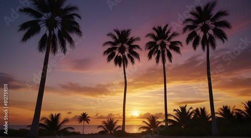 Exotic tropical palm trees at sunset.