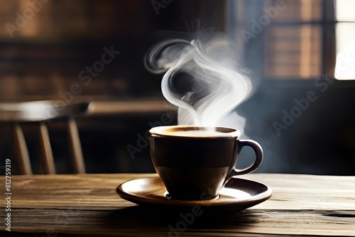A steaming cup of rich espresso sitting on a rustic wooden table, with wisps of steam rising into the air.