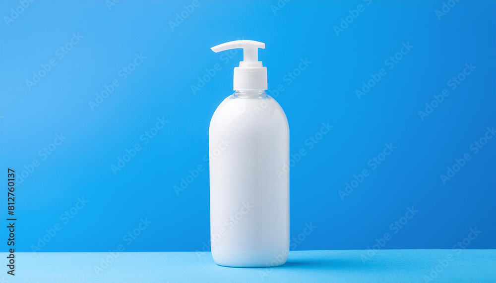 Mock-up of plastic liquid soap bottle on blue background. Skin care product. Organic detergent.