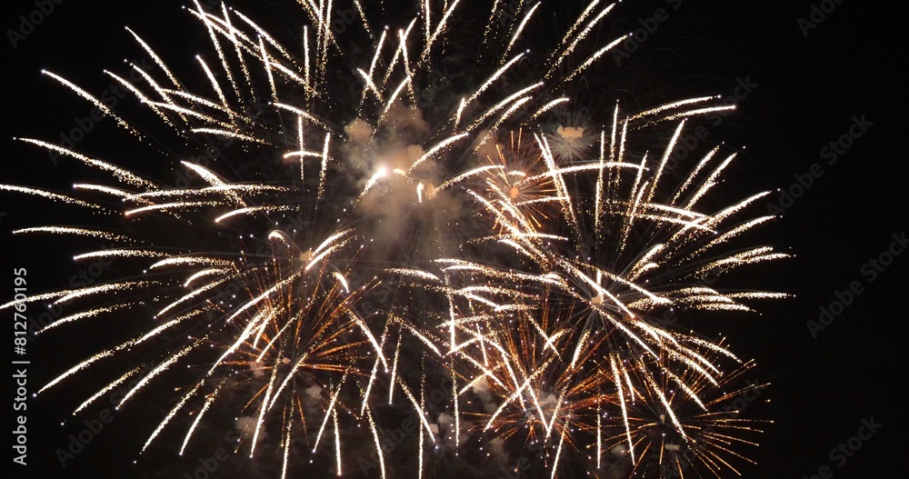 Obraz premium Golden Firework celebrate anniversary independence day night time celebrate national holiday. Countdown to new year 2024 party time event. Happy new year 2025, 4th of july holiday festival concept