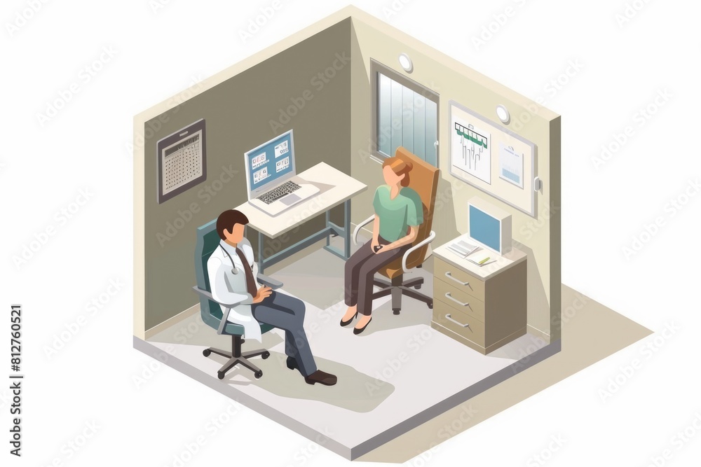 A man and a woman sitting at a desk in a doctor's office. Suitable for medical and healthcare concepts A man and a woman sitting at a desk in a doctor's office. Suitable for medical and healthcare concepts