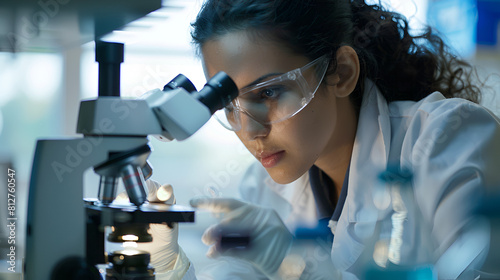Portrait of young female scientist looking in microscope Does Analysis of Test Sample , generative ai