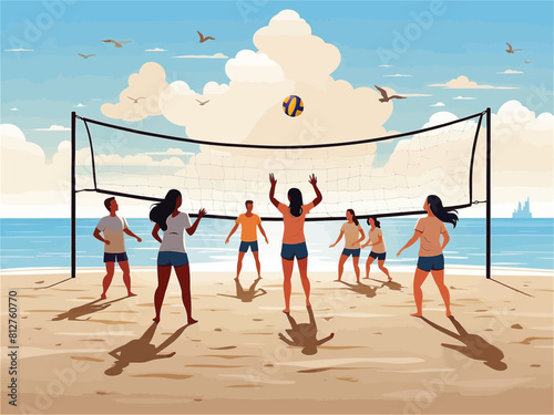 Summer beach volleyball players horizontal flat style vector illustration