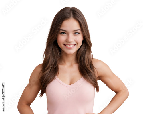 Fitness girl with a slim body showing her muscles, smiling and looking at the camera, isolated, transparent background, no background. PNG.