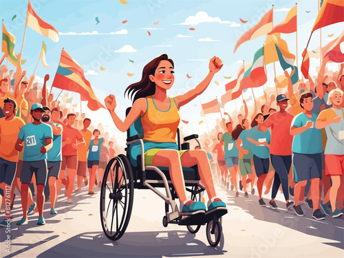 Disabled young happy smiling girl taking part in a running marathon sitting in a wheelchair among other people vector illustration