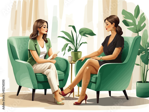 Woman client talking with psychologist in cozy green chairs in beige room watercolor horizontal vector illustration