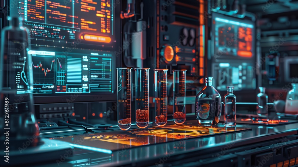 A laboratory filled with monitors and glassware, showcasing a hub of scientific activity and research A laboratory filled with monitors and glassware, showcasing a hub of scientific activity and research