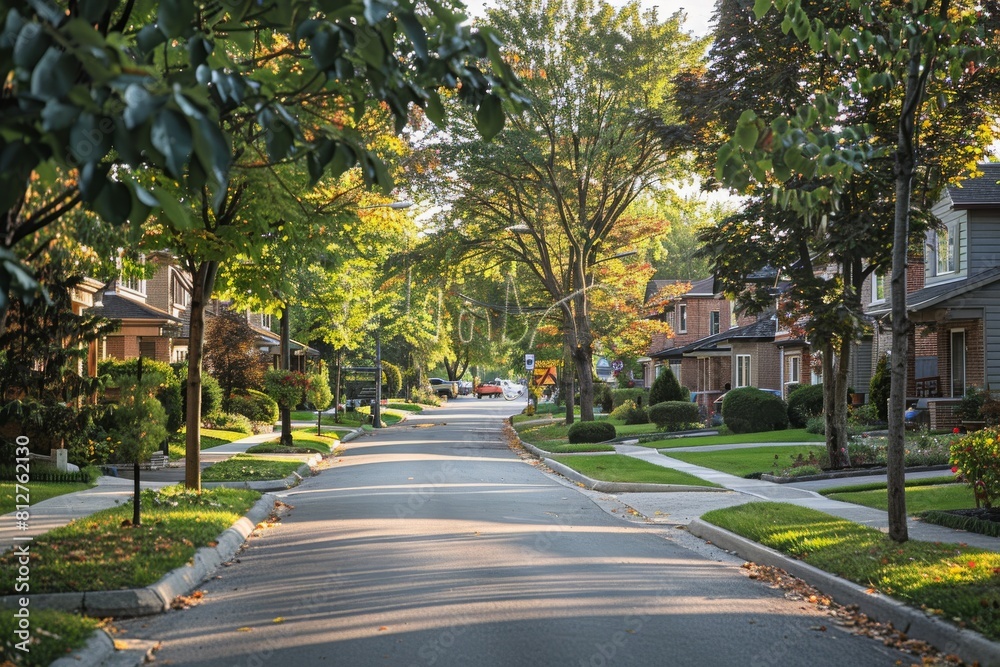 Landscaping, Suburban Residential Street with Tree-lined Median and Sidewalks